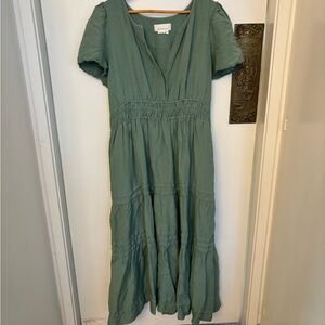 Anthropologie Green Smocked Flutter Sleeve Maxi Dress
